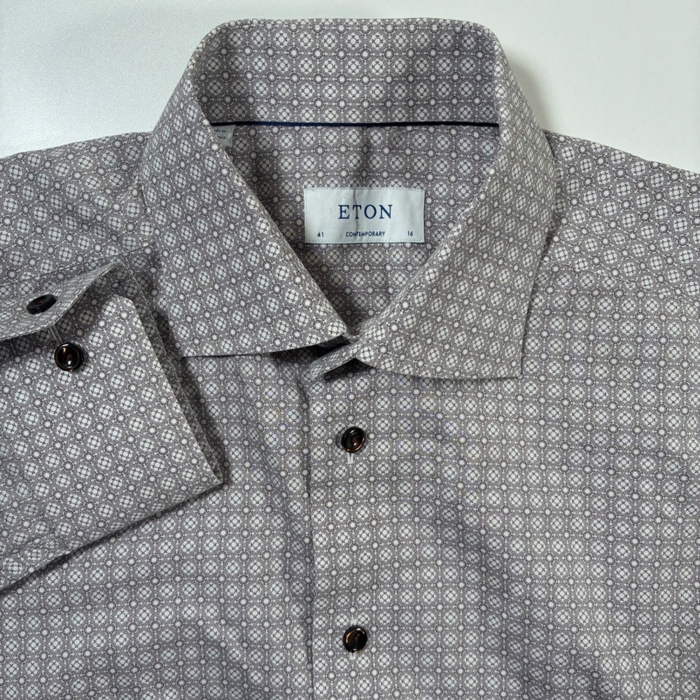 Eton Dress Shirt 16 41 Grey Contemporary Fit Geometric Medallion AOP Print